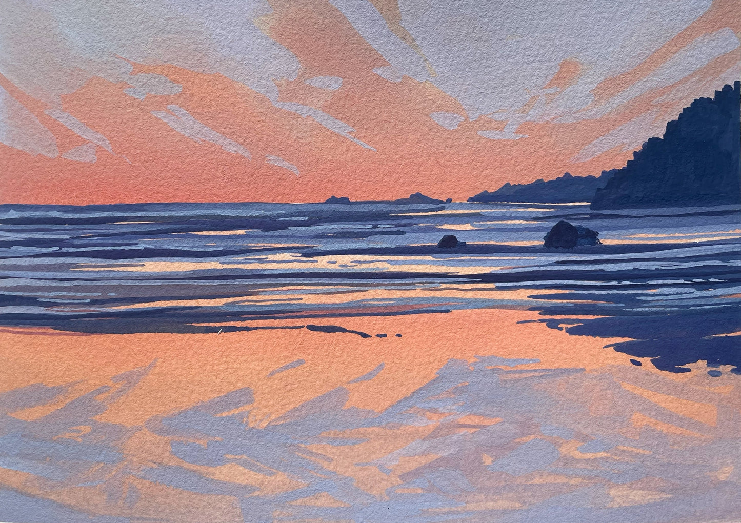 'Blazing Coastal Sunset' Original Gouache Painting