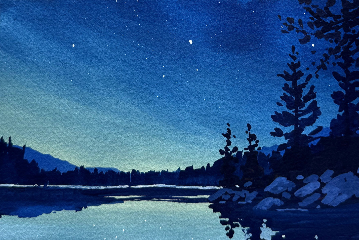 'Starry Lake' Original Gouache Painting