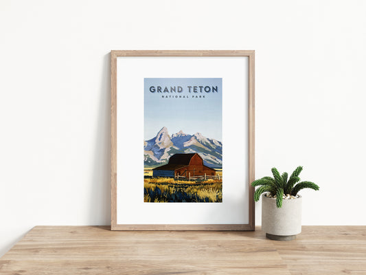 Framed Travel Poster of Grand Teton National Park. Background image of travel poster features landscape painting of T.A. Moulton Barn