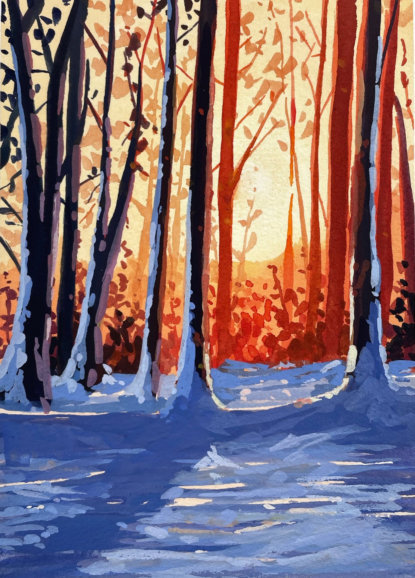 'Winter Woodland Glow' Original Gouache Painting