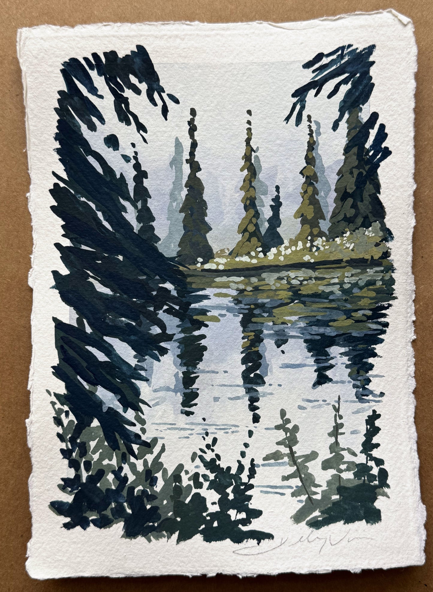 'Overcast Pond' Original Gouache Painting