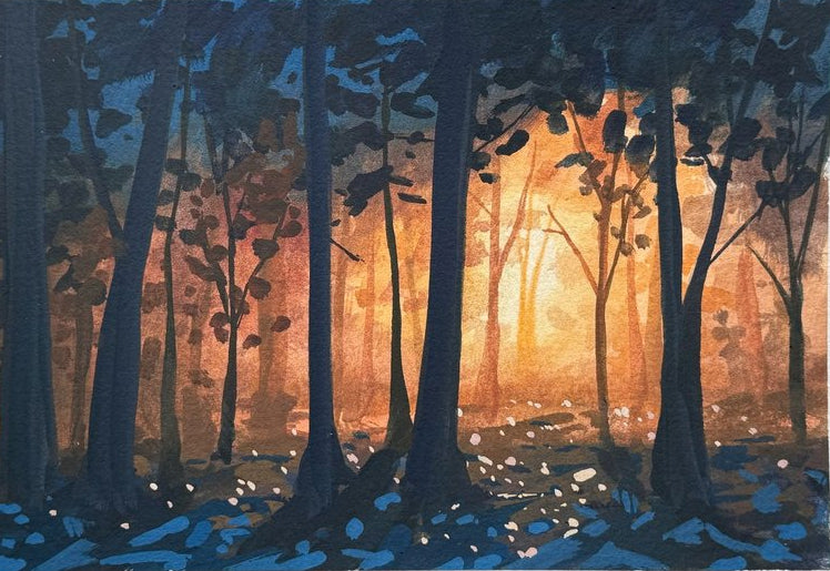 'Wooded Nightfall' Original Gouache Painting