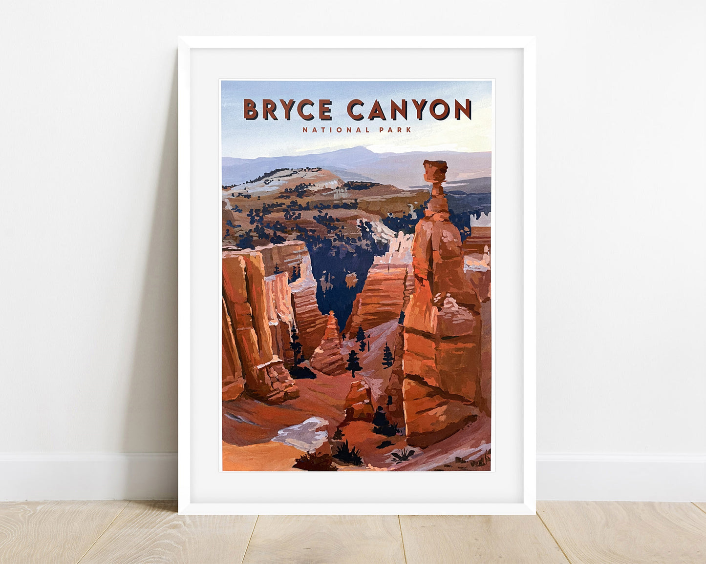 Image of a framed Bryce Canyon National Park travel poster. Background image on poster is a gouache landscape painting featuring canyon and Thors Hammer.
