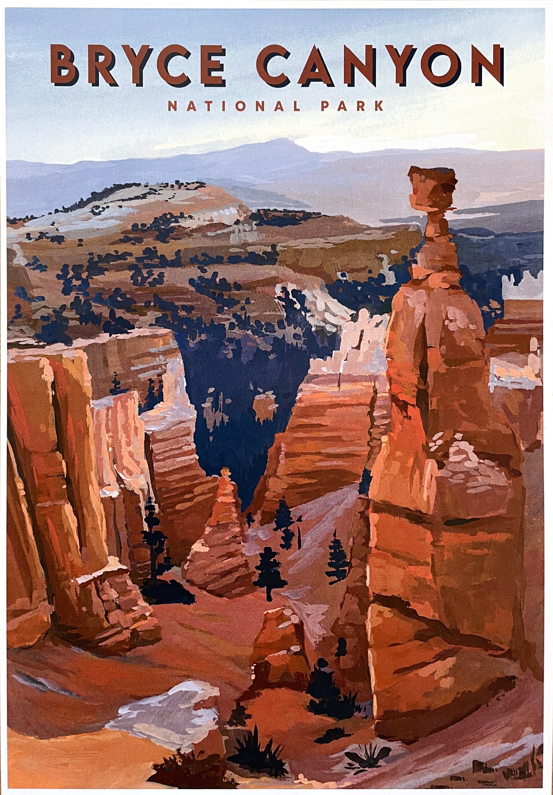 Image of an unframed Bryce Canyon National Park travel poster. Background image on poster is a gouache landscape painting featuring canyon and Thors Hammer.