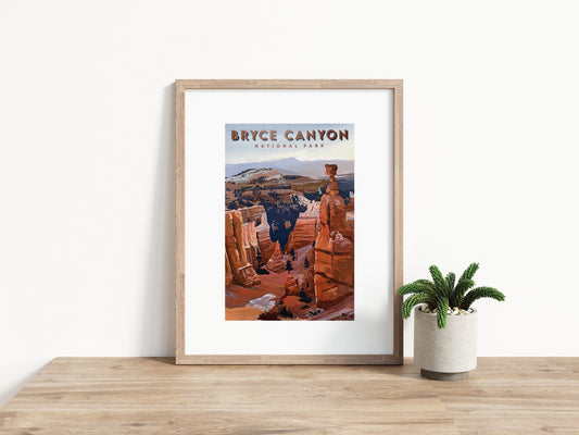 Image of a framed Bryce Canyon National Park travel poster. Background image on poster is a gouache landscape painting featuring canyon and Thors Hammer.