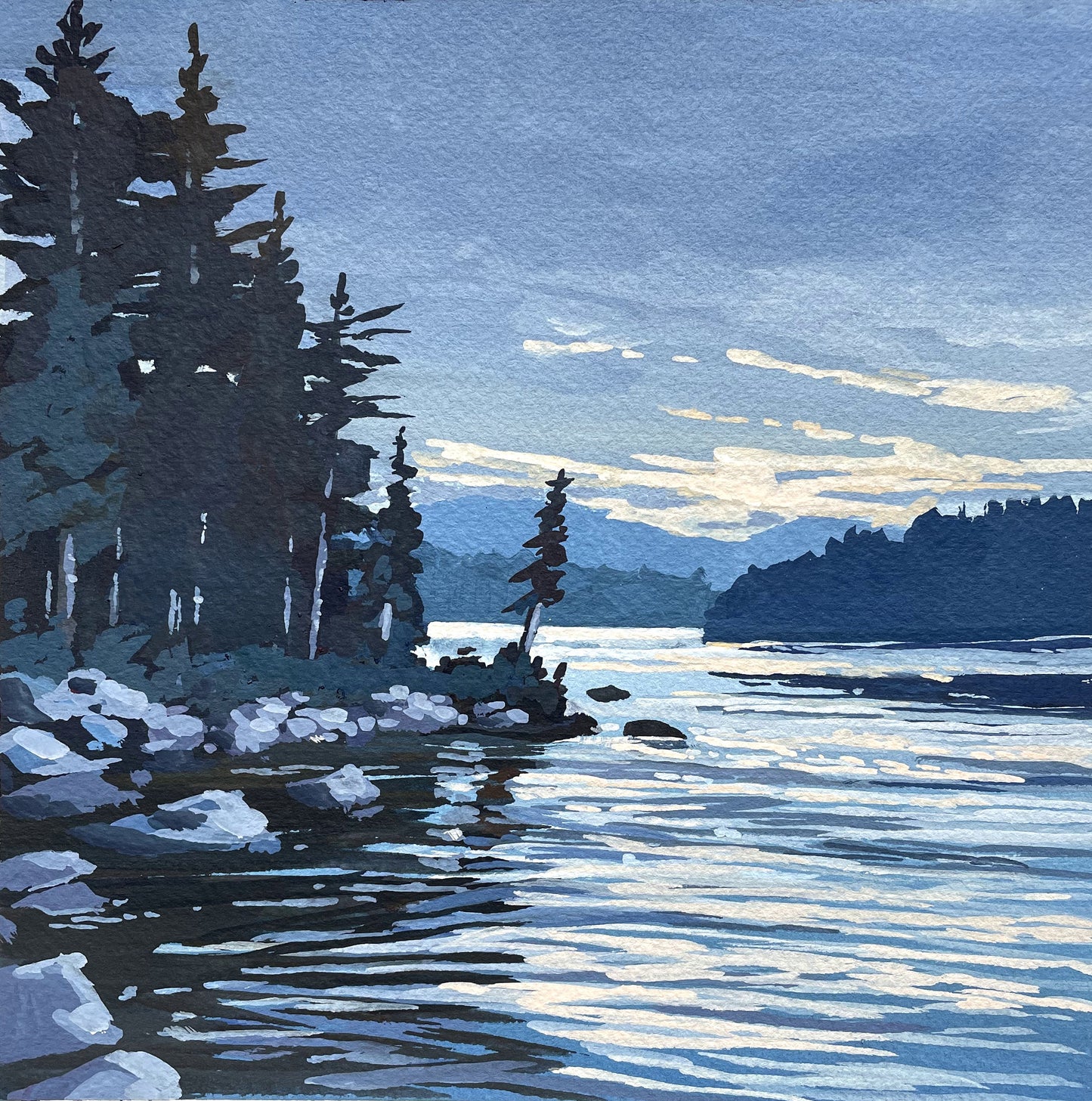 'Blue Hour Lake' Original Gouache Painting